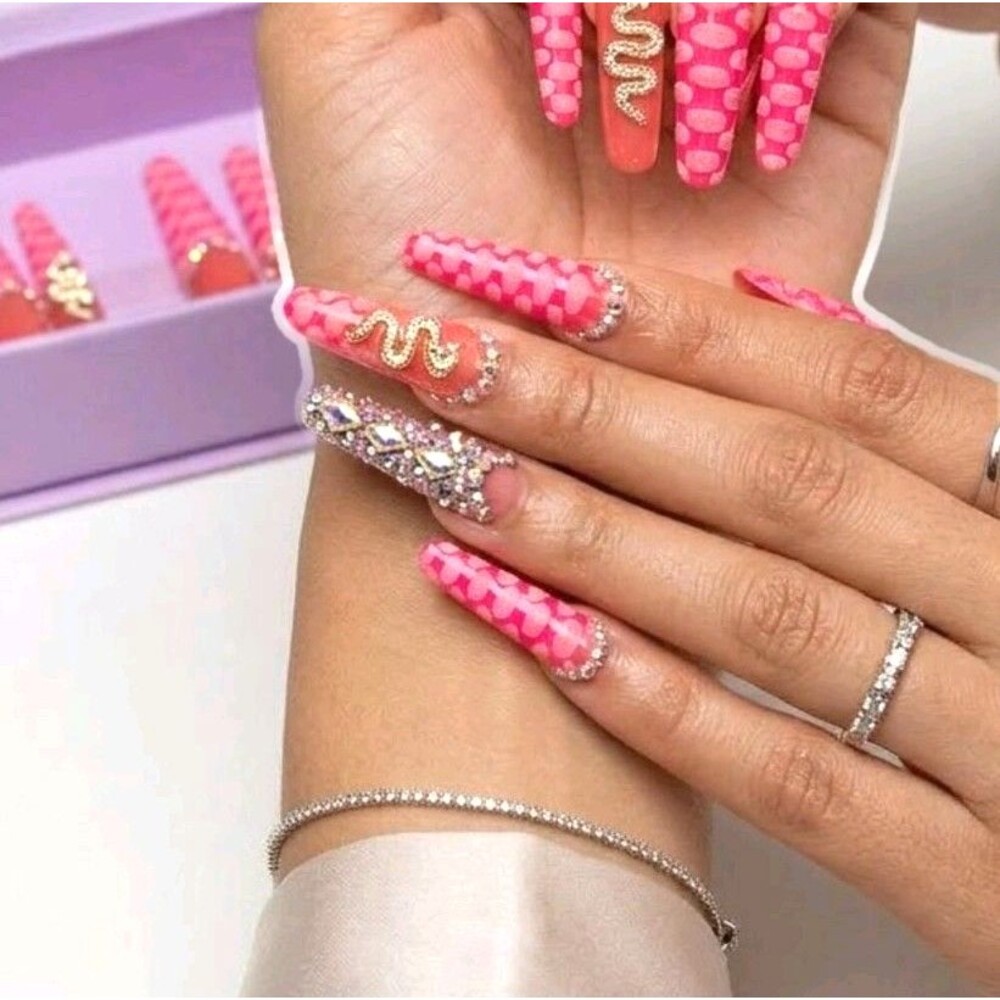 PRESS-ON NAILS Custom-Made Extra-Long Square Pink Stones 3D Small Size NEW NIB